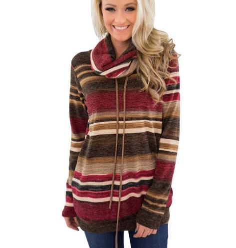 Turtleneck Hoodies Women Autumn Winter Long Sleeve Clothes 2019 Striped Multicolor Casual Pullover Lace Up Hoodies Sweatshirts