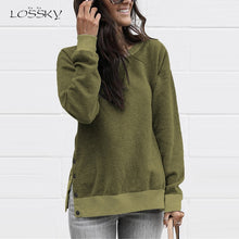 Charger l&#39;image dans la galerie, Lossky Sweatshirts Women Long Sleeve Autumn Pullover Tops Female New Side Slit With Buttons casual Ladies Simple Clothing 2019