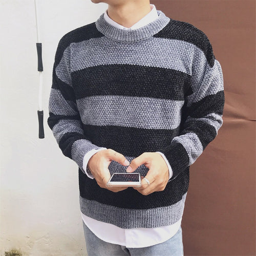 Mens Stripes Sweater 2019 Colorblock Knitted Pullovers Autumn and Winter Casual Sweaters for Men Round Neck Clothes